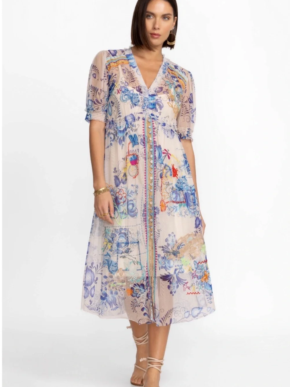 Johnny Was Mazzy Ruched Dress Farrowen Floral Midi Dress